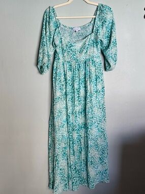 Gilli Aqua Floral Smocked Empire Maxi Dress